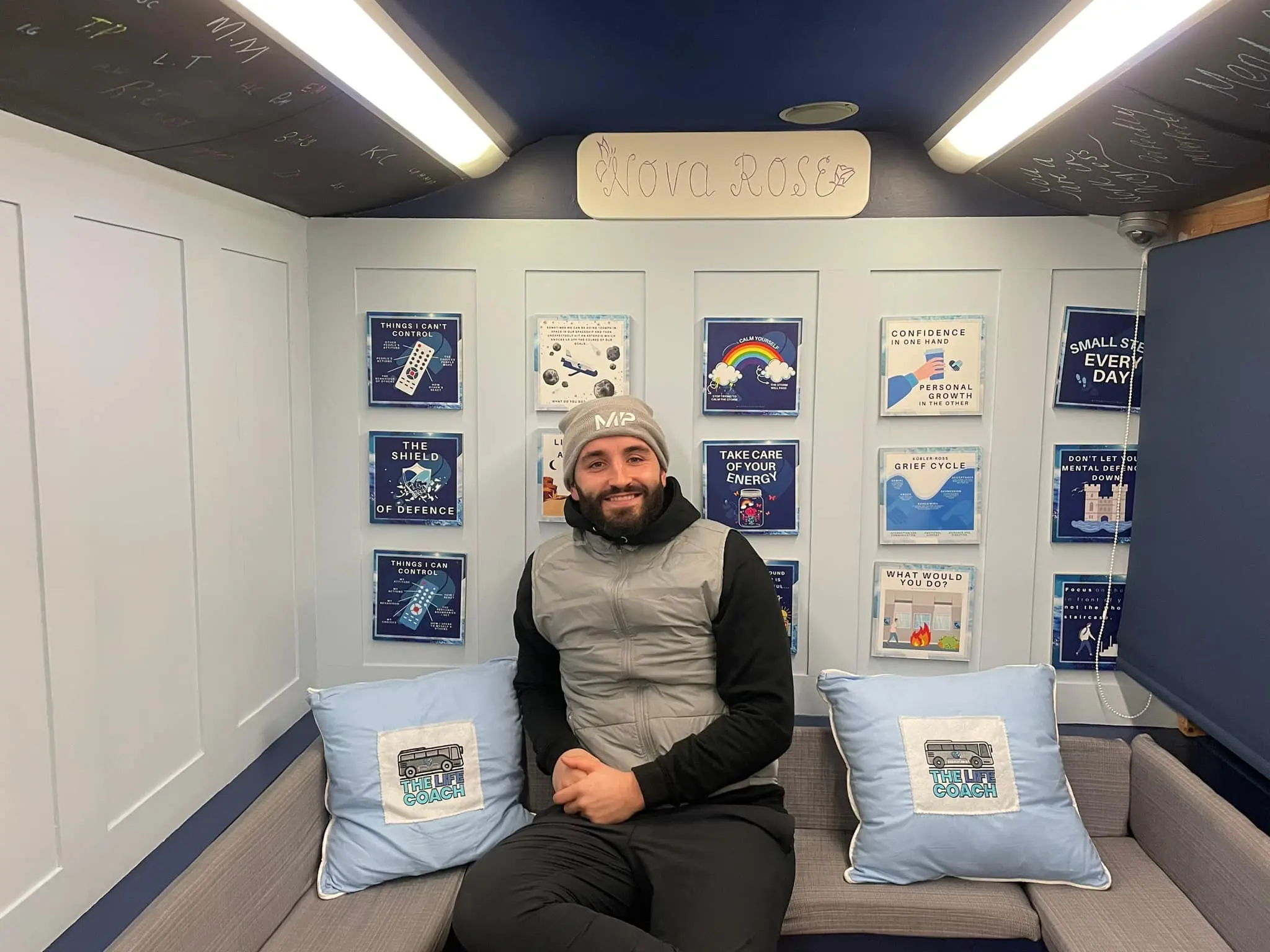 Tom Hoskins on board The Life Coach, the mobile safe space in Gloucestershire.
